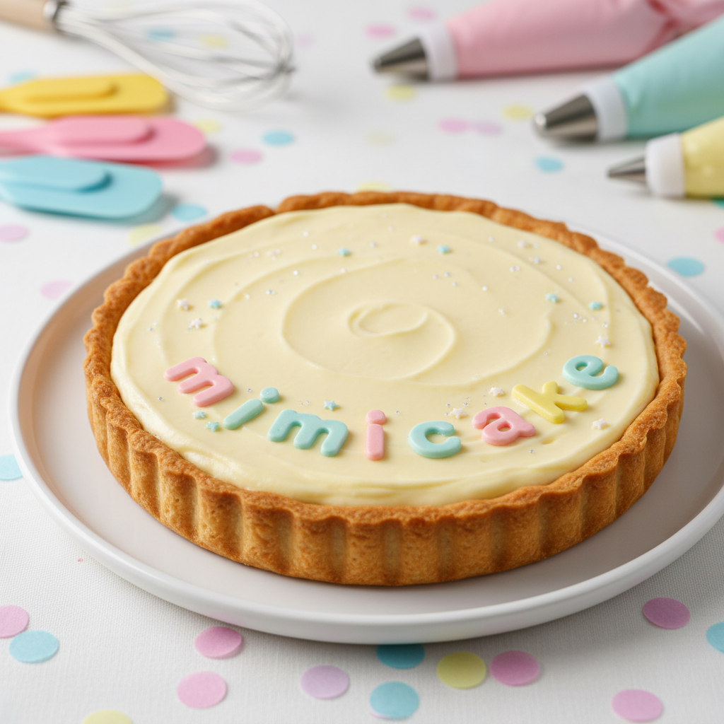 A close-up of a single custom birthday tart, with a perfectly smooth vanilla cream surface topped by pastel-colored chocolate letters spelling “mimicake” in a curved, playful layout. Tiny sugar stars and edible glitter catch the light on the creamy surface. The tart sits on a matte white plate over a confetti-patterned tablecloth. Soft studio lighting from above and slightly behind creates a gentle glow, making the cream look velvety and the lettering crisp. The background is softly blurred with hints of colorful baking tools and piping bags. Photographed at eye level for an intimate, detailed view, in a clean, modern, photographic style that feels celebratory and sweetly customized.
