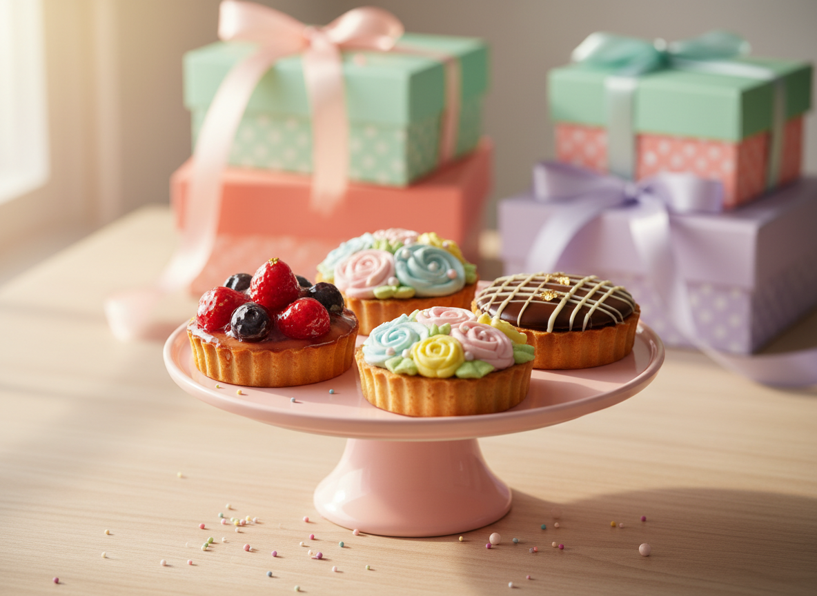 A vibrant display of artisanal sweet tarts arranged on a pale pink ceramic cake stand, each tart uniquely decorated with glossy fruit glazes, chocolate drizzles, and pastel buttercream swirls. The stand rests on a light wooden table dusted with a few playful sugar sprinkles. In the softly blurred background, colorful cake boxes and ribbons suggest a charming pastry studio. Warm, diffused morning light from the side creates gentle highlights on the shiny fruit and silky creams, casting delicate shadows. Photographed at a slightly elevated angle with shallow depth of field, the scene feels joyful, inviting, and whimsical, capturing photographic realism with bright, playful colors that reflect a fun, custom-dessert brand identity.