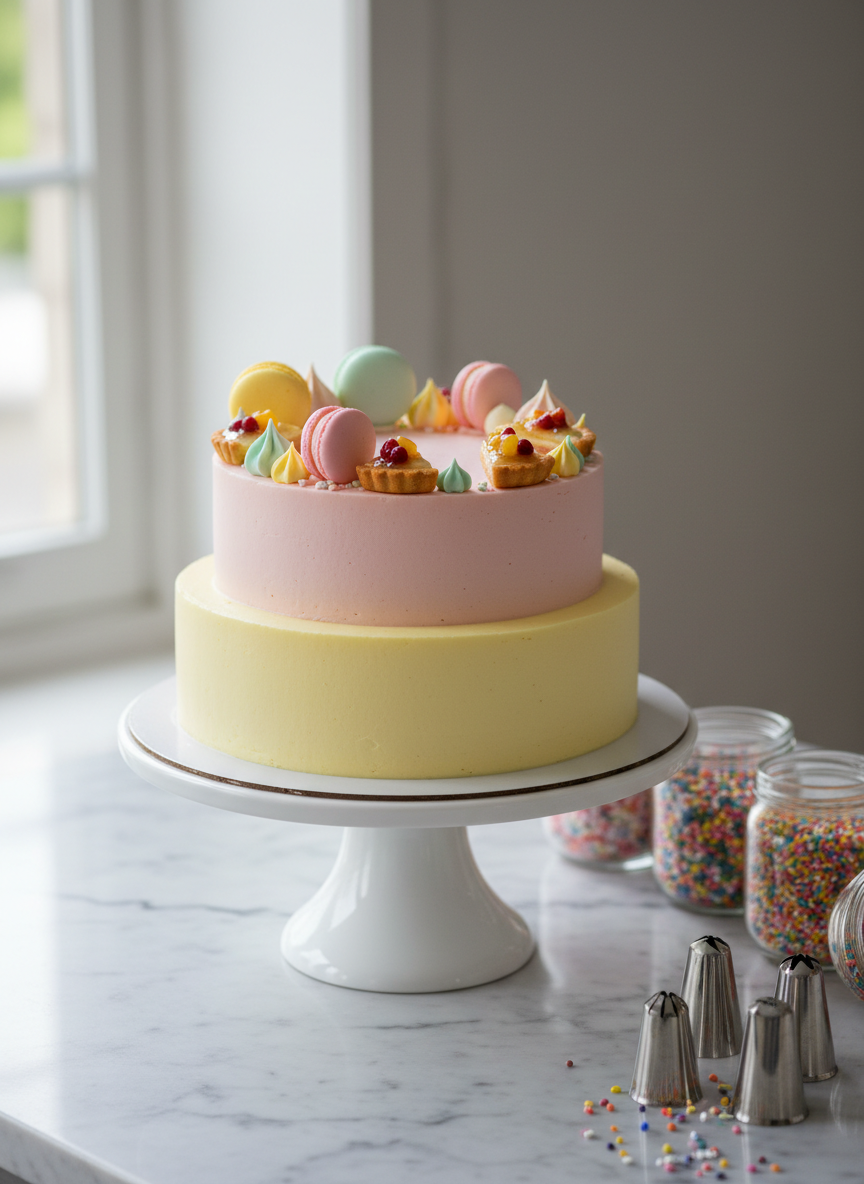 A whimsical, two-tier tart covered in ultra-smooth pastel ombré buttercream, shifting from soft yellow at the base to blush pink at the top, decorated with miniature fondant macarons, meringue kisses, and tiny tart slices arranged like a crown. The tart stands on a glossy white cake pedestal atop a marble countertop, with open jars of sprinkles and neatly arranged piping tips nearby. Side lighting from a large window creates subtle reflections on the pedestal and delicate shadows behind the decorations. Captured from a three-quarter angle with shallow depth of field, the photograph feels playful and sophisticated, highlighting the handcrafted details and artistic style of a bespoke tart studio.